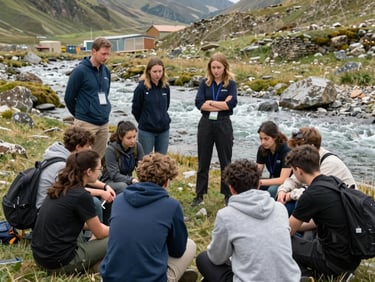 Students in outdoor leadership activity on Georgian terrain, small group problem-solving near a natural water feature, educators observing and facilitating, daylight, authentic institutional learning space