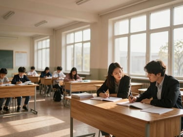 Wide panoramic view of a Georgian classroom at golden-hour daylight from large windows, two educators conferring over student work at a wooden desk in the foreground right third of frame, students visible at desks in soft focus background, natural light streaming across teaching materials and open notebooks, expansive negative space on the left showing the classroom's full institutional context.