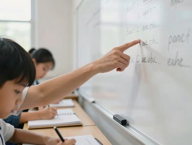 Close detail of a teacher's hands pointing to text on a whiteboard while students work in their notebooks, classroom materials and student writing visible, natural window light illuminating the teaching moment, focus on the instructional interaction.