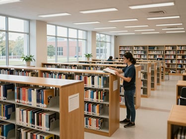 Wide environmental shot of a school library or resource center with shelves of materials, a librarian or educator organizing teaching resources, natural light through windows, institutional setting showing infrastructure and learning materials in use.