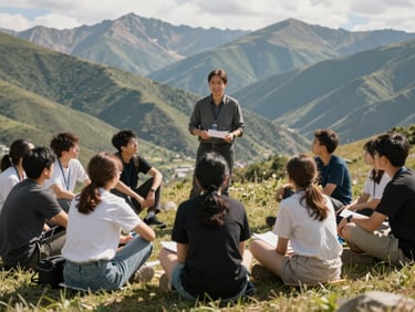 Outdoor language instruction, students seated on a hillside in Georgian landscape, educator holding teaching materials, natural daylight, mountains visible in background, active discussion moment