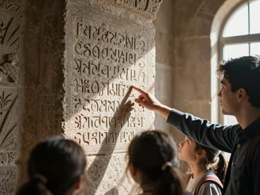 Georgian historical site interior, natural window light illuminating ancient stone carvings and architectural detail, educator's hand pointing to carved text, students visible in soft focus studying the work