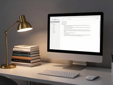 A clean, minimal desktop workspace at dusk, showing a large computer monitor displaying a text-first writing interface next to a neat stack of physical books under a brass desk lamp.