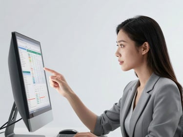 Professional portrait of a woman reviewing data on a monitor, clean studio lighting, light gray background, sharp details, high-contrast, 85mm lens