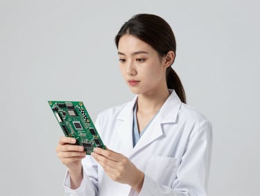 Professional portrait of a focused woman in a lab coat, holding a circuit board, clean studio lighting, light gray background, sharp details, high-contrast, 85mm lens