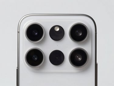 Close-up macro shot of a smartphone camera array, crisp studio lighting, light gray background, sharp details, high-contrast, 85mm lens