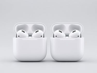 Pair of premium wireless earbuds in their charging case, clean studio lighting, light gray background, sharp details, high-contrast