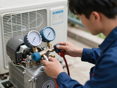 A technician checking gas pressure levels on a split AC outdoor compressor with a professional manifold gauge.