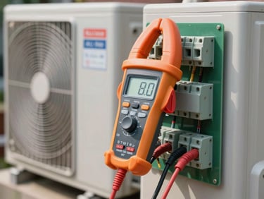 A digital clamp meter measuring electrical current on a split AC outdoor unit terminal board.