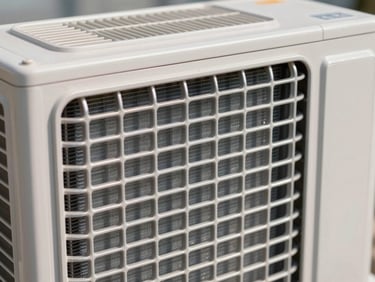 Close-up of clean aluminum condenser coils of a split AC unit, glistening under bright daylight.