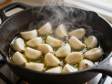 Sizzling garlic cloves in olive oil inside a dark cast iron pan, overhead shot, steam rising, warm tones, 35mm