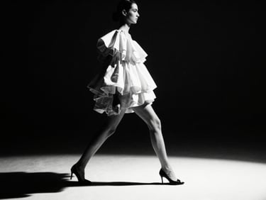 High-contrast black and white runway photograph, dramatic spotlight casting sharp shadows, model in motion, couture garments, sharp focus