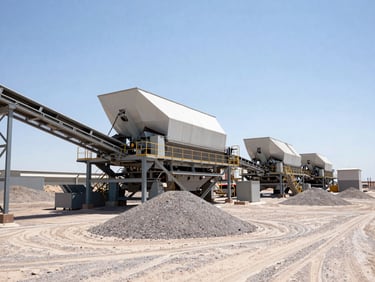 Wide shot of an industrial screening and crushing plant, steel structures, conveyor belts under Durango desert sun, professional photography