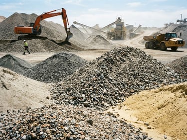 Industrial photography, harsh direct sunlight, high-contrast textures of sorted gravel piles, sharp focus, 35mm
