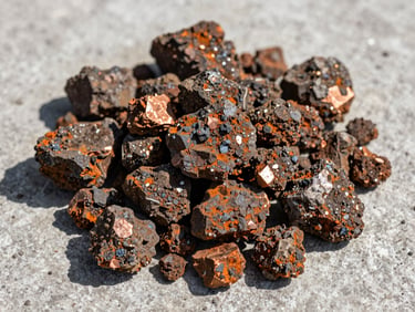 Close-up overhead view of copper ore chunks on a concrete surface, strong north-facing daylight highlighting the mineral texture and oxidized rust tones, documentary product shot