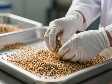 Extreme close-up of a quality inspector's gloved hands sifting through raw grain samples in an aluminum tray under strong north-facing daylight inside a warehouse, material texture and dust visible mid-air