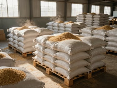 Wide overhead shot of grain sacks stacked on wooden pallets inside a dry warehouse, golden natural light through high clerestory windows, dust motes visible, industrial documentary framing