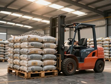 Wide environmental shot of a forklift stacking palletized bags of mineral material inside a high-ceiling warehouse, golden dust-filtered light from large industrial skylights, rows of inventory receding into background