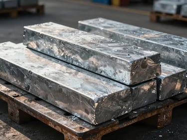 Close-up of raw zinc ingots arranged on a metal pallet in a port warehouse, strong directional sidelight casting sharp shadows across the metallic surfaces, industrial documentary style
