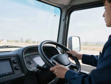 Close-up of a modern corporate bus dashboard and steering wheel, professional driver in uniform, clean interior, bright natural daylight, 35mm