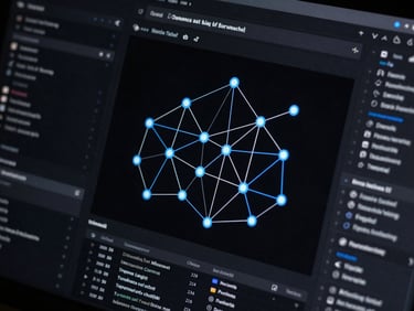 Macro screenshot of a dark-mode node orchestrator interface, dense network graphs, sharp high-contrast layout.