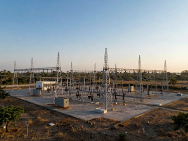 Wide-angle aerial shot of a massive electrical substation and high-voltage transmission lines in South India, dry landscape, golden-hour sunlight, architectural scale