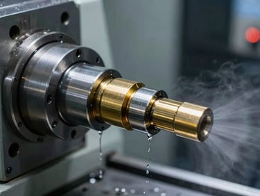 Close-up of a CNC turning center with live tooling cutting a brass spindle, coolant mist, sharp focus, industrial lighting