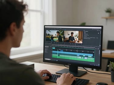 Over-the-shoulder shot of a video editor working on a timeline, screen showing compelling narrative footage, soft window light, clean workspace