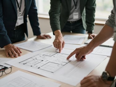 Candid shot of event planners reviewing a detailed floor plan on a large table, hands pointing, natural light, organized documents