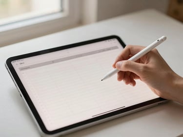 Overhead flat-lay of an iPad displaying a clean digital planner, a hand holding a stylus, warm morning light, cream and blush tones, shallow depth of field