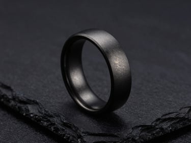 Tight macro shot of a matte black titanium ring, subtle glinting highlights, resting on a black slate surface, emerging from deep shadows, moody studio lighting.