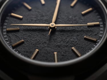 Macro overhead shot of a luxury watch dial, subtle gold indices, slate-textured face, emerging from deep shadows, on black slate, moody studio lighting.