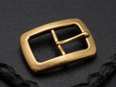 Macro shot of a heavy, polished solid brass belt buckle, glinting with sharp gold highlights, emerging from deep shadows, on black slate surface.