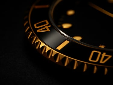 Extreme macro shot of a luxury watch bezel, sharp golden highlights reflecting off polished metallic surface, deep shadows, on matte black velvet, dramatic low-key studio lighting.