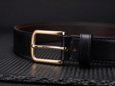 Close-up of a luxurious full-grain leather belt, deep matte black, with subtle gold stitching, dramatic low-key studio lighting, macro lens on textured carbon fiber surface.