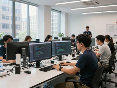 A bright, modern civic-tech laboratory in New York, software engineers collaborating over code on large screens, natural daylight, 35mm lens.