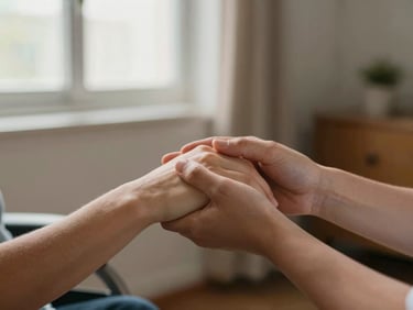 Mãos de um cuidador segurando as mãos de uma pessoa com deficiência, em ambiente doméstico iluminado, foco na conexão e apoio.