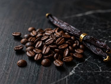 Primer plano de granos de café tostados y vainas de vainilla sobre una superficie de madera oscura, con luz cenital suave, 35mm