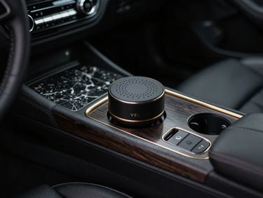 Interior de un coche de lujo oscuro con detalles de cuero y madera, un difusor de perfume VELORÉ discretamente colocado, luz ambiental suave, 35mm