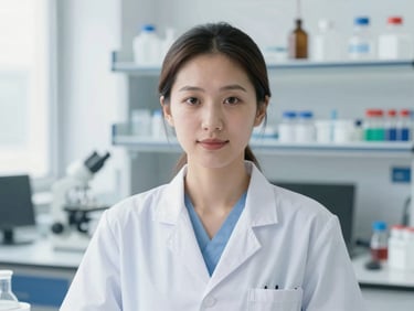 Clean professional headshot of a female researcher in a bright laboratory setting, natural daylight, soft focus background