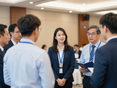 Professional group photo of alumni networking at an indoor conference hall, warm lighting, blue and gold accents, medium shot