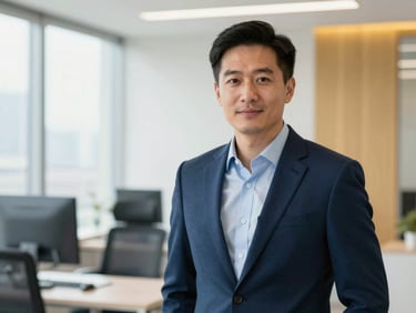 Professional portrait of a male finance director in a bright Toronto office setting, clean daylight, warm gold accents in the background, sharp focus.