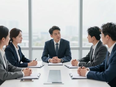 Modern corporate boardroom meeting with alumni discussing strategy, bright daylight, professional attire, clear focus