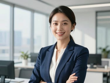 Professional portrait of a female technology executive in a bright, sunlit modern office, wearing a navy blazer, smiling confidently, sharp focus.
