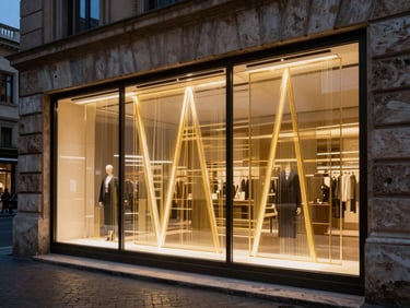 Wide twilight shot of a luxury fashion boutique on Via Condotti in Rome, a transparent LED film active on the main window displaying sharp golden geometric patterns, historic stone facade visible around the glass, dramatic lighting.