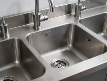 Industrial stainless steel sink unit with deep basins and commercial faucets, sharp metallic reflections, cool metallic lighting, 50mm.