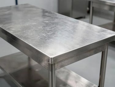 Straight-on architectural shot of a heavy-duty stainless steel prep table, clean brushed texture, cool industrial lighting, sharp industrial photography.