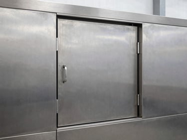 Industrial stainless steel wall cabinets with sliding doors, showing precise corners and clean metallic sheen