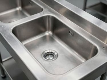 Overhead shot of a heavy-duty stainless steel prep table with integrated sink, highlighting clean welds and satin finish