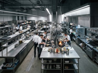 Sharp industrial photography of a massive commercial kitchen setup with brushed stainless steel counters, cool metallic lighting, 50mm architectural angle